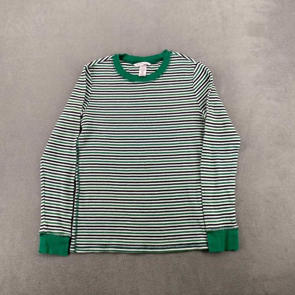 Victorias Secret Womens Small Green Striped Ribbed Long Sleeve Pajama Top